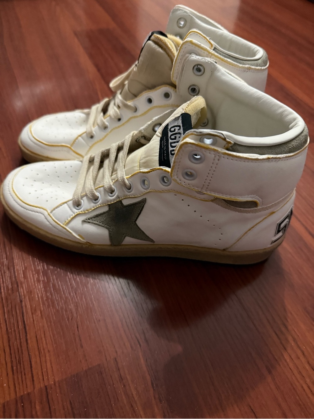 Golden Goose White High-Top Sneakers with Olive Star Accent